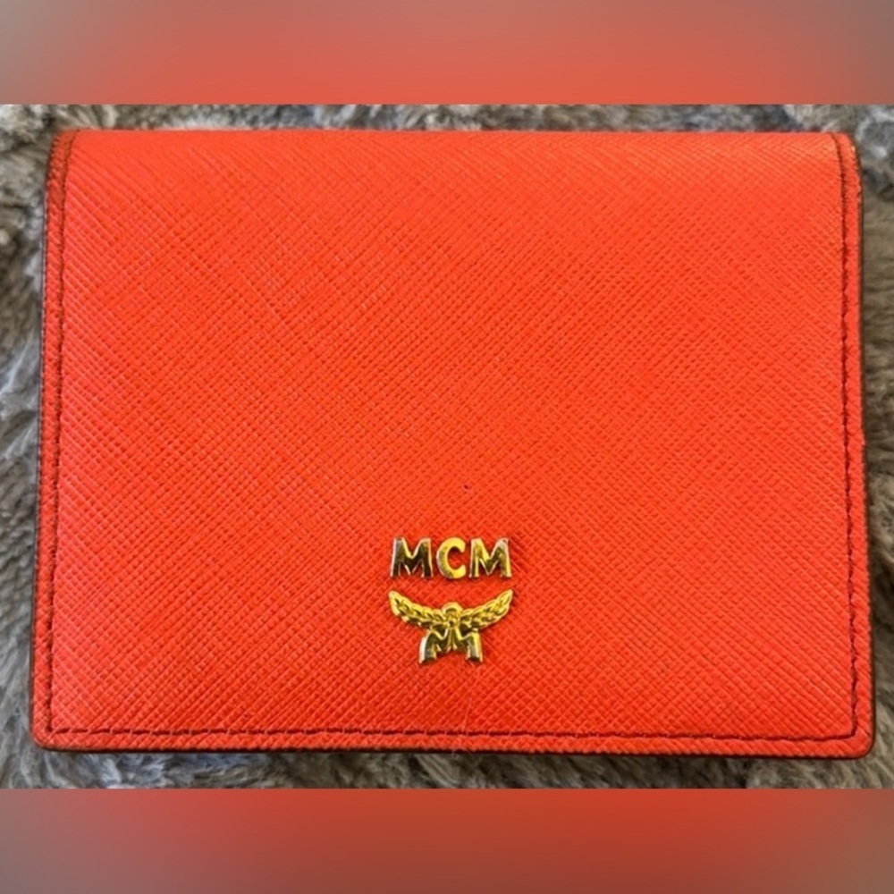MCM Red/Orange Compact Bi-fold Wallet with Gold Logo